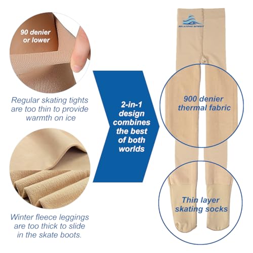 Skating Spirit 2-in-1 Footed Figure Skating Tights, Dance Tights, Fleece 900 denier fabric plus thin layer foot section