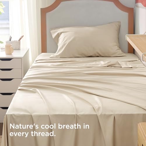 Image of Bedsure Cooling Sheets Twin XL, Rayon Derived from Bamboo, PureWoven, Breathable & Soft Twin XL Sheet Sets, Deep Pocket Up to 16 Inches, Hotel Luxury Silky Dorm Bedding for Hot Sleepers, Beige