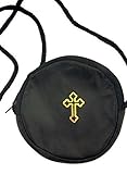 Lumen Mundi Gold Stamped Cross Leather Rosary or Pyx Case with Strap, Black, 3 3/4 Inch
