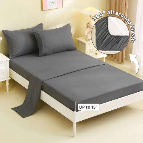 Image of Viviland 3 Pieces Boys Twin Sheets Set Kids, Dark Gray Bed Sheets | Breathable & Soft Microfiber Kids' Sheet & Pillowcase Sets, Fitted Sheet with 15 inch Deep Pocket and Corner Straps, Easy Care