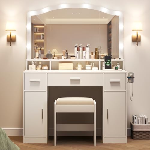 Garvee Vanity Desk with LED Lights and Storage, 10 Adjustable LED Mirror, 3 Drawers, 2 Cabinets, Charging Station AC/USB, Includes Stool, Dressing Table for Women/Girls Bedroom White