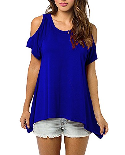 Women's Vogue Cold Shoulder T Shirts Short Sleeve Wide Hem Design Tunic Tops ZERE (XL Royal Blue)