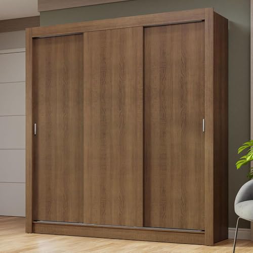 Image of Madesa 3 Sliding Doors Wardrobe Ample Storage Wooden Almirah 170 Cm with Shelves and Hanging Units for Bedroom - Brown