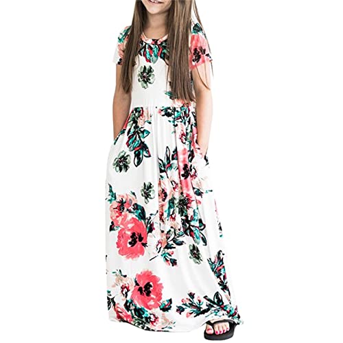 Toddler Girl Long Maxi Dress Floral Short Sleeve Dresses with Pockets Elastic Waist Holiday Casual Dresses for Girls (White, 7-8 Years)