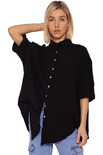 SASSYCLASSY Oversize Musselin Bluse Damen Kurzarm in Schwarz - Sommer...