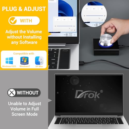DROK USB Volume Control Knob - Computer Speaker External Volume Control with 1-Key Mute Function, Programmable, Compatible for PC/Mac/Android