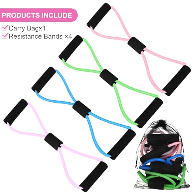 Figure 8 Shaped Resistance Bands -4-Pack Workout Bands with Handles Figure, 8 Exercise Bands for arm Shoulder Stretching, Leg Stretching, Yoga, Pilates, Home Gym Workout Equipment for Women Men