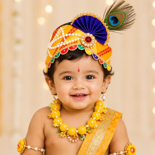 Image of Raj Fancy Dresses Luxury Krishna Pagri for Kids Boys & Girls | Bal Gopal Kanha Janmashtami Turban with 3 Mor Pankh & Pearl Work | Fancy Dress, School Function & Photoshoot Headgear | Only Pagri