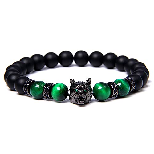 Bracelet perles mates et tête de loup punk avec élastique durable pour homme