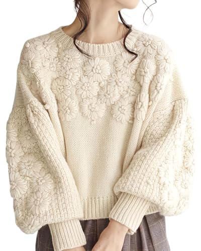 Women's Elegant Floral Embroidered Lantern Sleeves Print Crew Neck Loose Knitted Pullover Sweater Tops