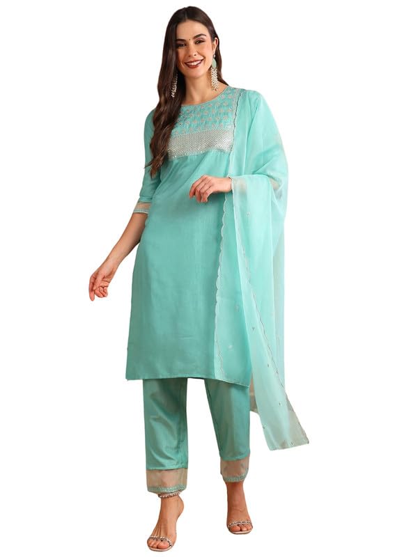 Image of Vaamsi Women's Silk Blend Sequins Yoke Design Straight Kurta Pant With Dupatta