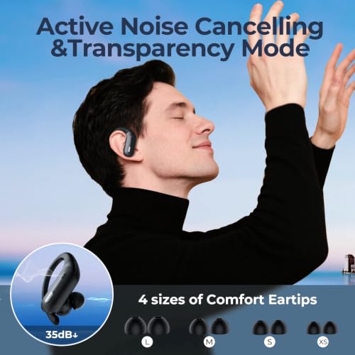 Active Noise Cancelling Wireless Earbuds Bluetooth Headphones 90 Hrs Playtime Ear Buds with Hi-Res Stereo Deep Bass Power Display Earphones with Earhooks Waterproof Transparency Headset Sports/Running - image 2