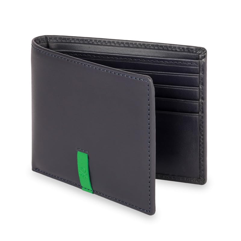 Image of United Colors of Benetton Men RFID Protected Derwent Slimfold Wallet - Navy+Green, No. of Card Slot: 8 | Tape Inlayed Slimfold Wallet with Side Closure | Leather