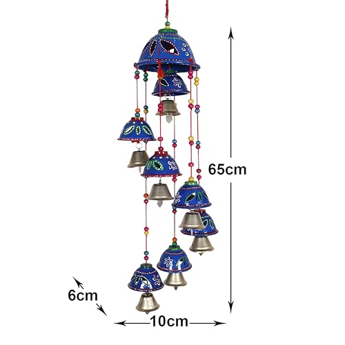 Image of Kuber Industries Rajasthani Design Handcrafted Hanging Windchimes|Latkan with 8 Bells for Home Decor & Positive Energy,Pack of 2 (Blue), Plastic