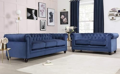 Image of Modern & Classic Chesterfield Sofa 5 Seater Sofa Velvet L-Shape Corner Sectional Button Tufted Sofa for Living Room, Dining Room, Office and Hallway-(Bluee).
