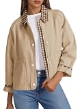 Tankaneo Womens Cropped Barn Jacket Zip Up Lightweight Contrast Plaid Coat