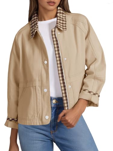Tankaneo Womens Cropped Barn Jacket Zip Up Lightweight Contrast Plaid Coat
