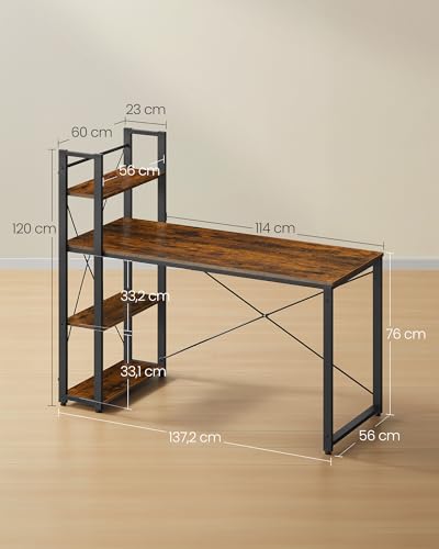 VASAGLE Schreibtisch, mit Regalböden rechts oder links, 137,2 cm breiter – Ansicht 3