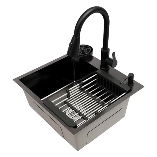 50 x 45 cm Fregadero empotrable, de acero inoxidable, con grifo y dispensador de jabón, juego de fregadero de cocina, color negro, incluye escurridor, lavavajillas