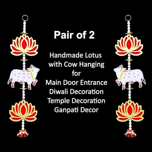 Image of Saugat Traders Handmade Pichwai Cow and Lotus Wall Hanging for Decoration | Diwali Decorations | Floral Hangings for Home Decoration, Temple, Main Door Entrance | 1 Pair | 17 Inch Each