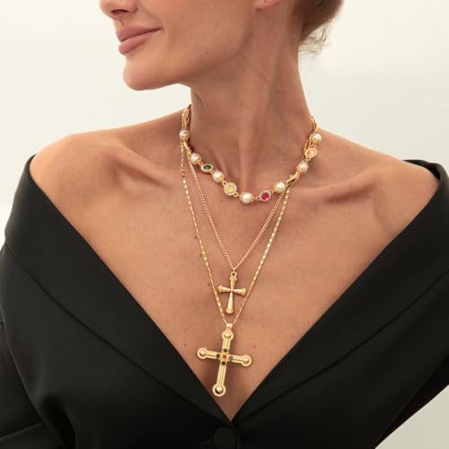 Cross Pendant Necklace Set For Women Gold/Silver Chunky Cross Necklaces Set Layered Pearl Colorful Beads Cross Pendant Necklace Fashion Y2k Jewelry For Women2