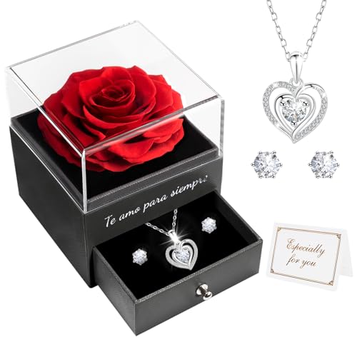 Miofula Rosa Eterna Regalos Originales para Mujer,Flores preservadas Caja de Regalo con Collar y Aretes,Regalos San Valentin Mujer,Regalo Mama Novia San Valentin Cumpleaños Aniversario Dia de la Madre