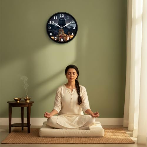 Image of Lord Shiva & Kedarnath Temple Wall Clock for Modern Home Decor | Luxury Round Analog Silent Non-Ticking Spiritual Adiyogi Watch for Elegant Living Room & Puja Room, Black Frame