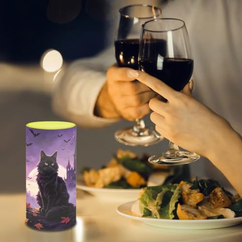 Image of Poceacles Flameless Light Candles Battery Operated Candles with Color Changing Timer Remote Control Tealights for Halloween Dinner Party Decor, Violet Black Cat Maple Bat Print