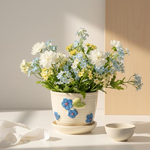 Image of Kraftlik Handicrafts Small Ceramic Planter with Attached Saucer | White Textured Mini Flower Pot for Succulents & Home Decor (Pack of 1)
