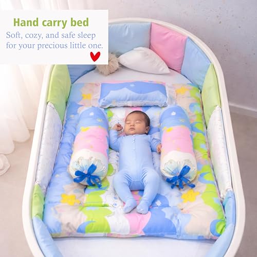Image of Fareto Combo of Baby Bed with Net | Carry Bag | 4 Pcs Bedding Set (0-6 Months, Baby Size, Cotton) (Blue NEW Star)