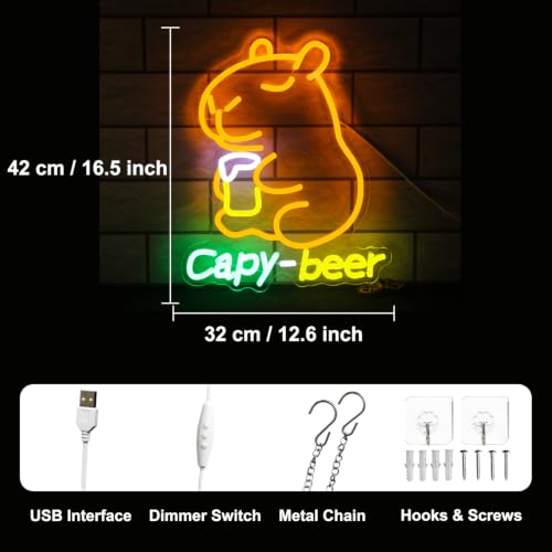 Image of Capybara Beer Neon Sign Animal LED Lights for Bar Man Cave Wall Decor Gifts | Funny Cartoon Neon Light, Dimmable Capy Beer LED Sign, USB Powered, Acrylic Bar Neon Wall Sign, Birthday Gifts, Party Supply