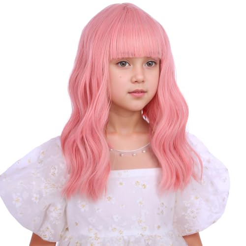 Image of Pink Wig with Air Bangs Short Lovely Pink Wavy Curly Wigs Light Pink Wig Synthetic Cosplay Hair Wig