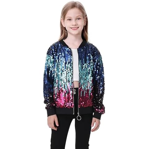 TIMSOPHIA Girls Sequin Jacket, Sparkle Bomber Jacket Glitter Kids 1989 Sparkly Blazer Costume for Concert Party Club(Blue&Pink,8-9 Years) Cover