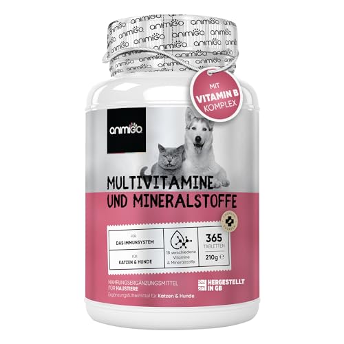 Multivitamine für Hunde & Katzen - 365 Tabletten - Mit Vitamin B Complex (B1, B2, B3, B5, B6, B7, B9, B12), A, C, E & D3-18 Mineralien & Vitamine - Für Knochen, Immunsystem, Haut & Fell - animigo