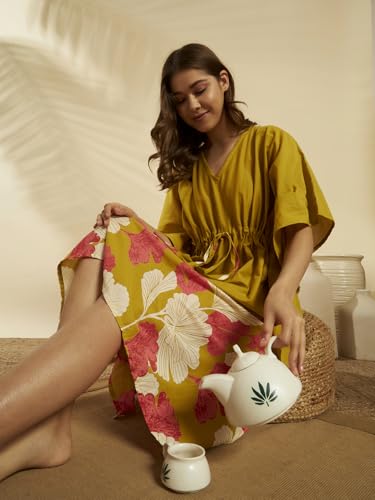 Image of Ravaiyaa Women Printed Cotton V-Neck Knee Length Kaftan Dress Nighty