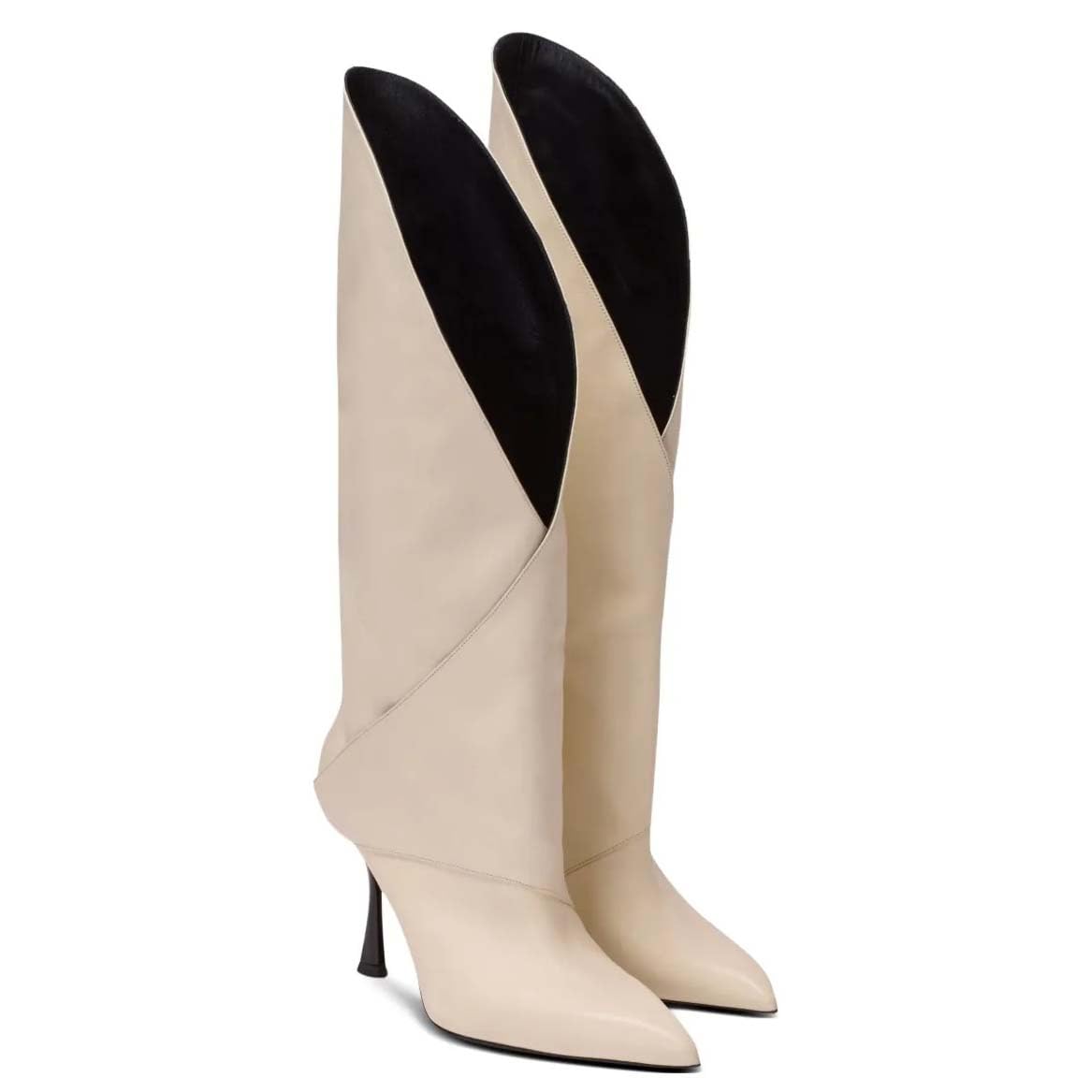 Womens Leather Knee High Boots V-Cut Pointed Toe Stiletto High Heel Riding Boots Stylish Motorcycle Biker Booties with