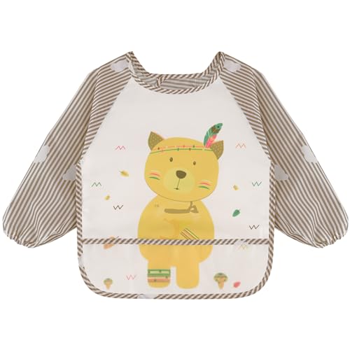 Vancle Babero con Mangas Largas, Babero con Mangas Impermeable, para Bebes Unisex 6-36 Meses, Lavable a Máquina (Oso)