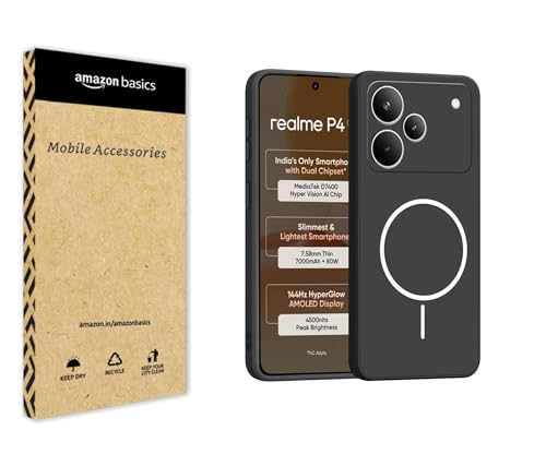 Image of amazon basics Back Cover for Realme P4 5G | Ultra Slim Soft Rubberised Case | Magsafe Logo Printed (Not Magsafe Compatible) | Camera Protection - Black