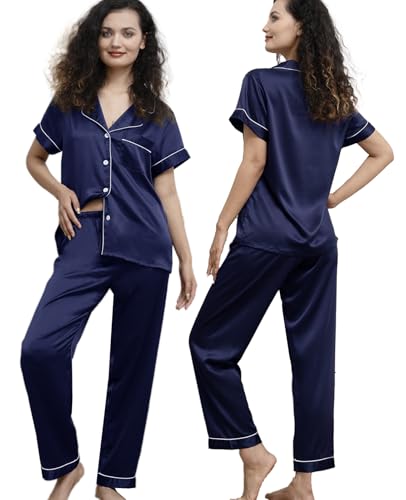 Image of WJing Yi Jia Womens Pajamas Set XS-4XL Floral Silk Satin Pajama Sets Silky Pj Sets 2Pcs Loungewear Sleepwear Button Down Pjs