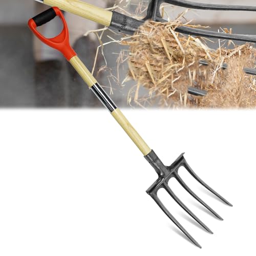 Image of HRADHOL Garden Pitch Fork,4-Tine Pitchforks for Compost Mulching,Garden Broadfork for Digging,Steel Manure Fork with Wooden Handle,Manganese Weeding Fork - 43.3Inches