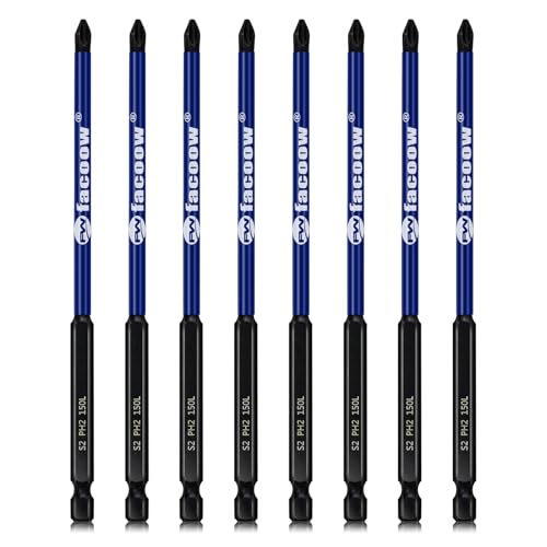Facoow 8 Pcs Phillips Head Impact Driver Bits, #2 Phillips Head Screwdriver Bits Set, 6" S2 Alloy Steel Impact Bits, 1/4" Hex Shank Screwdriver Drill Bit, CNC Machined ph2 Impact Drill Bits