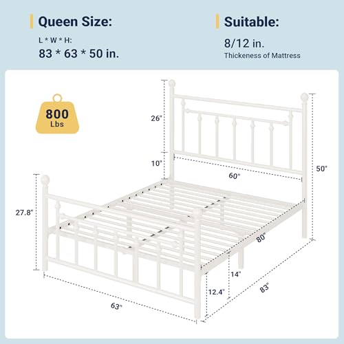 Image of Allewie 14'' Queen Size Metal Platform Bed Frame, Vintage Headboard, White | 50'' Tall Victorian Headboard /Footboard /Mattress Foundation /Under Bed Storage /No Box Spring Needed /Easy Assembly /Noise Free