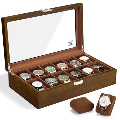 Slege Caja de Relojes de Madera,con 12 Ranuras,Caja para Relojes para Hombre,Estuche Relojero Organizador,Tapa de Cristal y Cojín Extraíble, Organizador para Hombres y Mujeres,Regalo