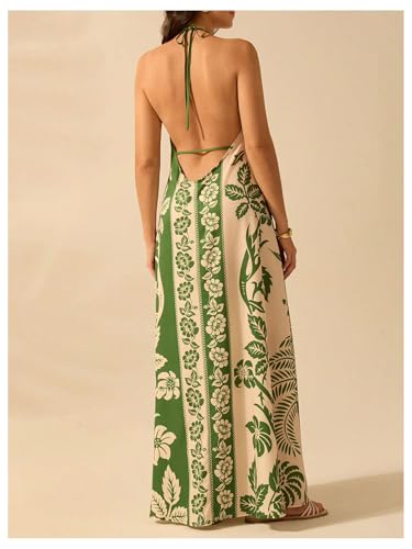 Image of SOLY HUX Women's Boho Floral Print Maxi Dress Halter Backless Flowy Long Vacation Beach Summer Dresses