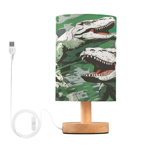 SDMKA Cartoon Camo Dinosaur Bedside Table Lamp for Bedroom, Minimalist Nightstand Lamp with Round Fabric Shade for Living Room, Office, No Bulb Required