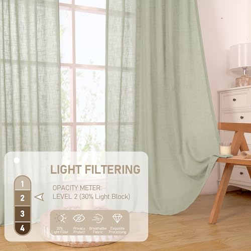 Image of LAMIT Sheer Linen Curtains 63 Inch Length for Bedroom, Faux Linen Textured Light Filtering Neutral Bronze Grommet Window Treatment Drapes for Living Room, 2 Panels, 52 x 63 Inch, Sage Grey