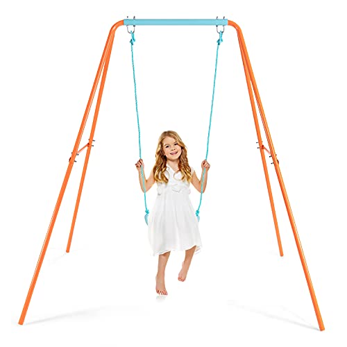 Costzon Swing Frame Stand with Swing Seat, A-Frame Swing Sets for Backyard All Weather w/Ground Stakes, Non-Slip Seat, Toddler Swing Set Great for Indoor Outdoor Garden Playground (Orange)