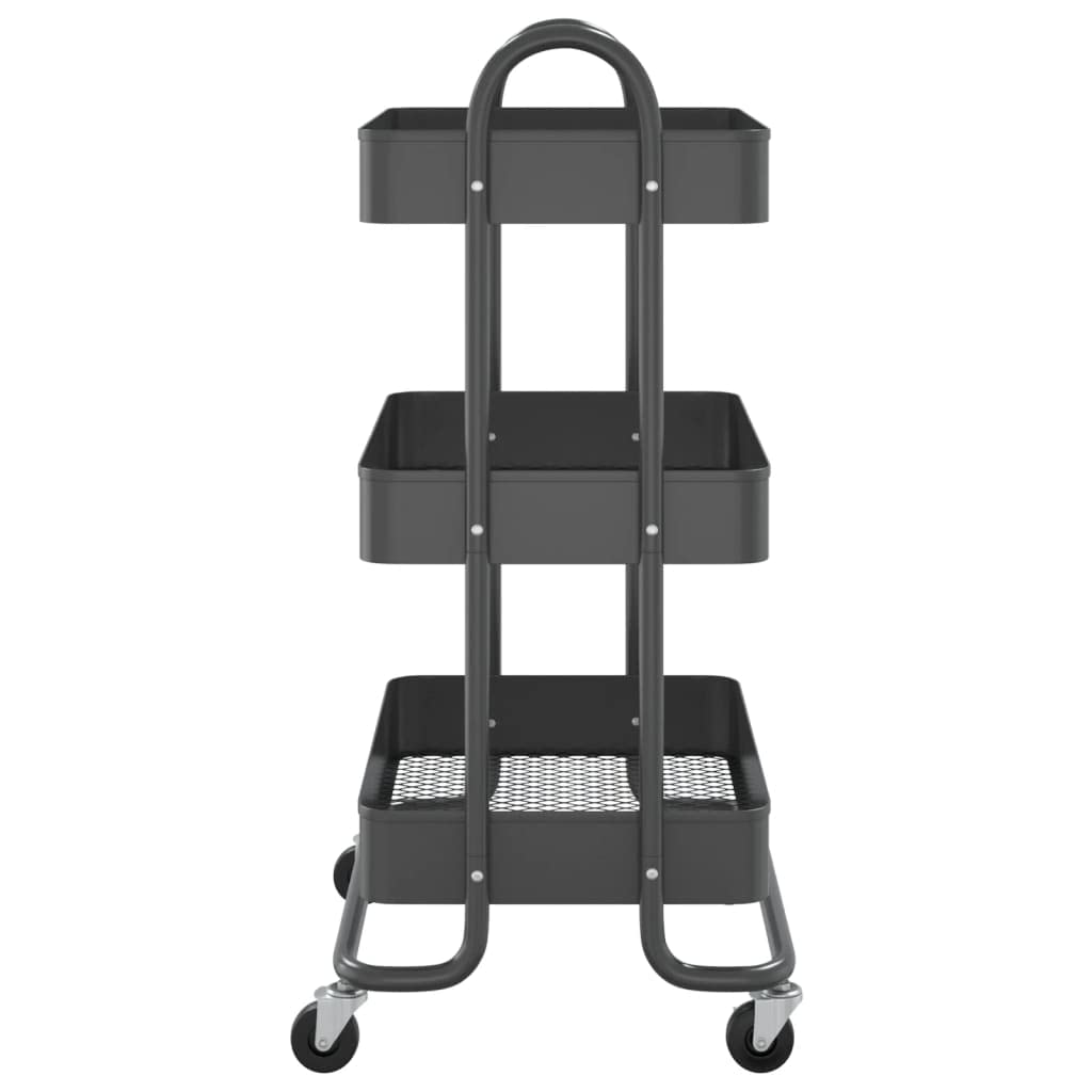 Carro de 3 niveles antracita acero 43 x 34 x 79 cm móvil con ruedas y frenos, carrito de cocina con espacio de almacenamiento, carrito auxiliar para estación de trabajo y almacenamiento