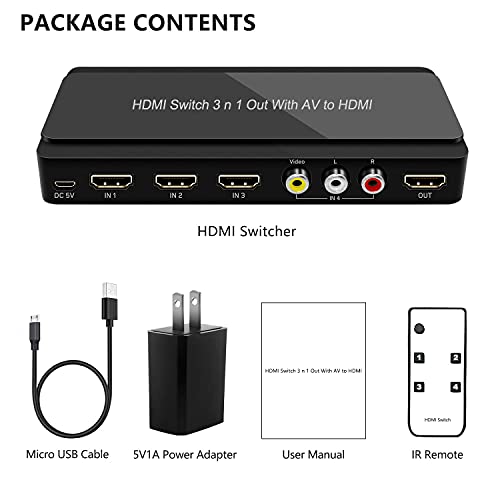 HDMI Switch, HDMI Switch with Remote, HDMI Switch Box Support 4K, 1080P, 3D (HDMI Switch 3x1 with AV)