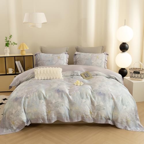 ECOCOTT Bedding 3-Piece Duvet Cover Set King Size – Silky Soft 100% Lyocell, Cooling & Breathable for Hot Sleepers, Misty Bloom Floral Pattern, Moisture-Wicking Luxury